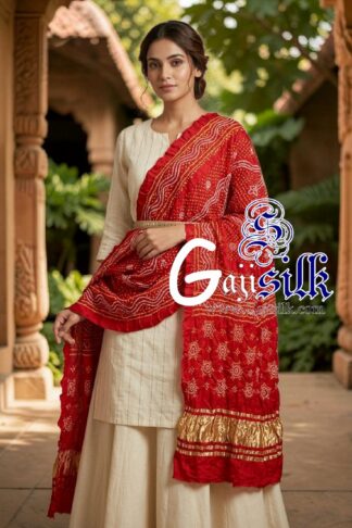 Red Chandrokhani Bandhani Dupatta with Golden Lagdi Patta Border
