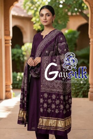 Brinjal Chandrokhani Bandhani Dupatta with Golden Lagdi Patta Border