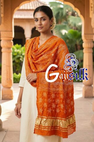 Orange Chandrokhani Bandhani Dupatta with Golden Lagdi Patta Border