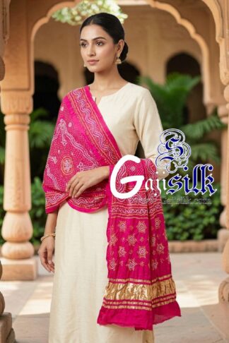Love Pink Chandrokhani Bandhani Dupatta with Golden Lagdi Patta Border