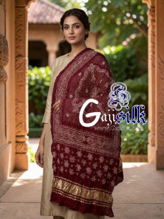 Maroon Chandrokhani Bandhani Dupatta with Golden Lagdi Patta Border