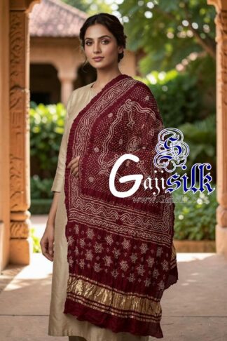 Maroon Chandrokhani Bandhani Dupatta with Golden Lagdi Patta Border
