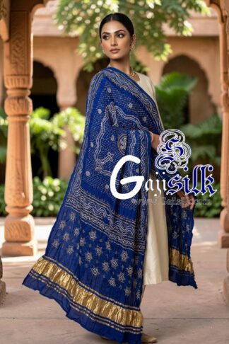 Blue Chandrokhani Bandhani Dupatta with Golden Lagdi Patta Border