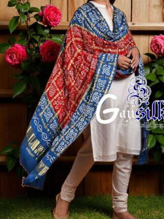 Sky Red Bandhani Gharchola Dupatta Pure GajiSilk