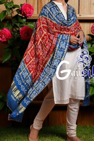 Sky Red Bandhani Gharchola Dupatta Pure GajiSilk