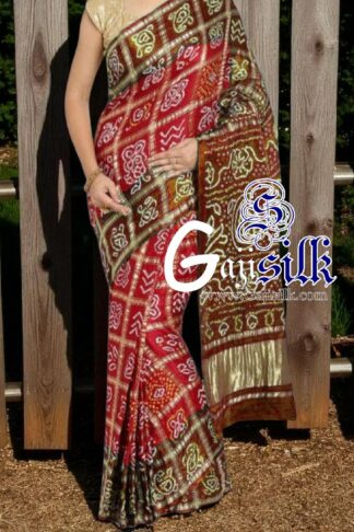 Red Rust Gharchola Rai Bandhani Saree Pure GajiSilk