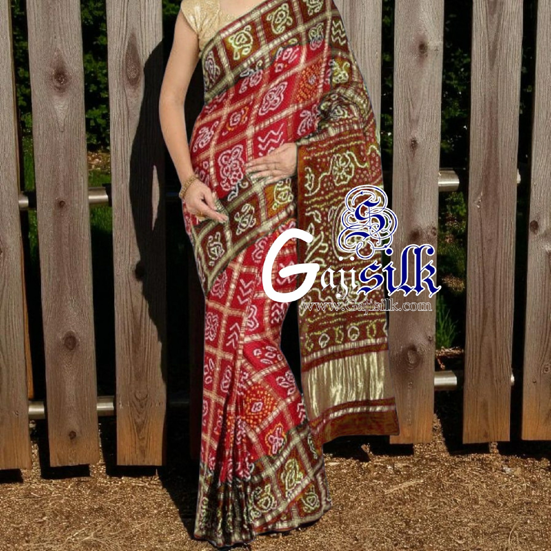 Red Rust Gharchola Rai Bandhani Saree Pure GajiSilk