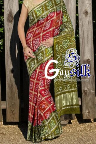 Red Khaki Gharchola Rai Bandhani Saree Pure GajiSilk