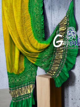 Lemon Mix Parrot Bandhani Gada Boder Dupatta Panetar Pure GajiSilk