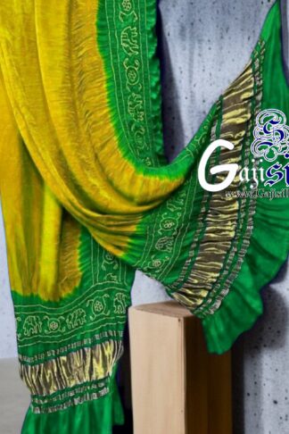 Lemon Mix Parrot Bandhani Gada Boder Dupatta Panetar Pure GajiSilk