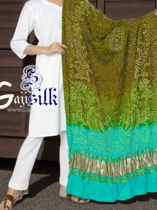 Khaki Aqua Peacock Bandhani Pure GajiSilk Dupatta