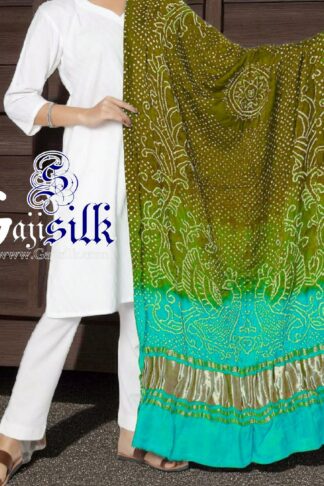 Khaki Aqua Peacock Bandhani Pure GajiSilk Dupatta
