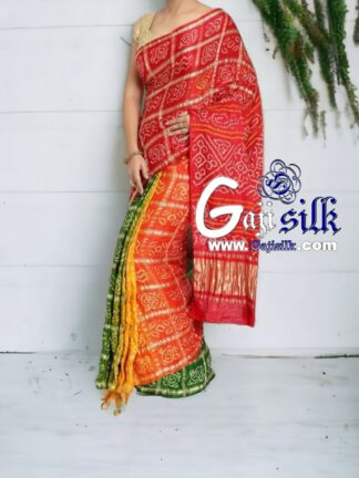 Red-Orange Gharchola Bandhani Saree Pure Gaji Silk