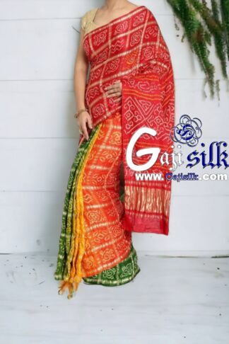 Red-Orange Gharchola Bandhani Saree Pure Gaji Silk