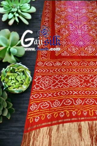Red Pink Bandhani Designer Saree Bavan Barg Pure GajiSilk