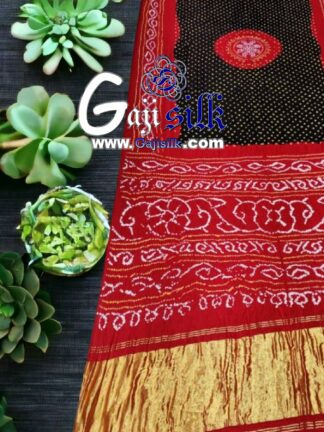 Red Black Panetar Bandhani Designer Saree Pure GajiSilk