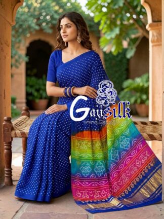 Blue Multicolor Pallu Rai Bandhani Pure Gaji Silk Saree
