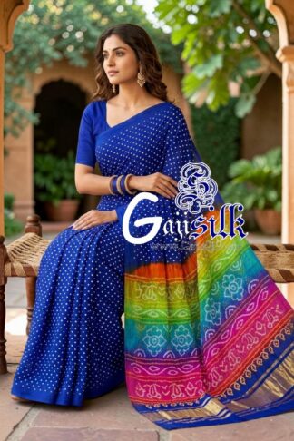Blue Multicolor Pallu Rai Bandhani Pure Gaji Silk Saree