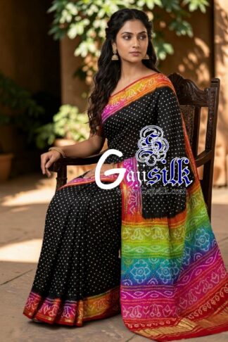 Black Multicolor Pallu & Boder Rai Bandhani Pure Gaji Silk Saree