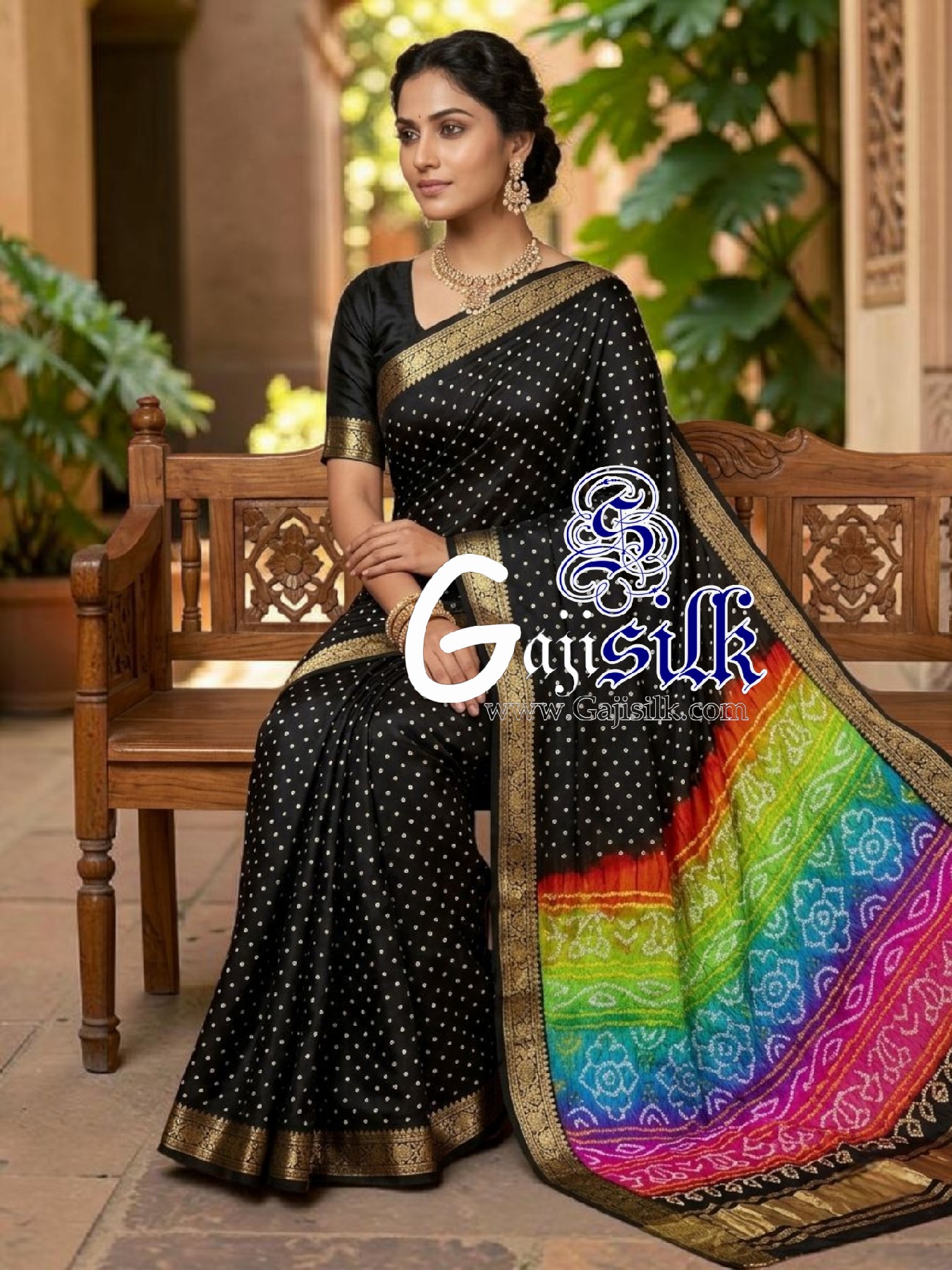 Black Multicolor Pallu Rai Bandhani Pure Gaji Silk Saree - Image 2