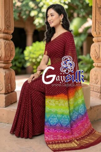 Marron Multicolor Pallu Rai Bandhani Pure Gaji Silk Saree