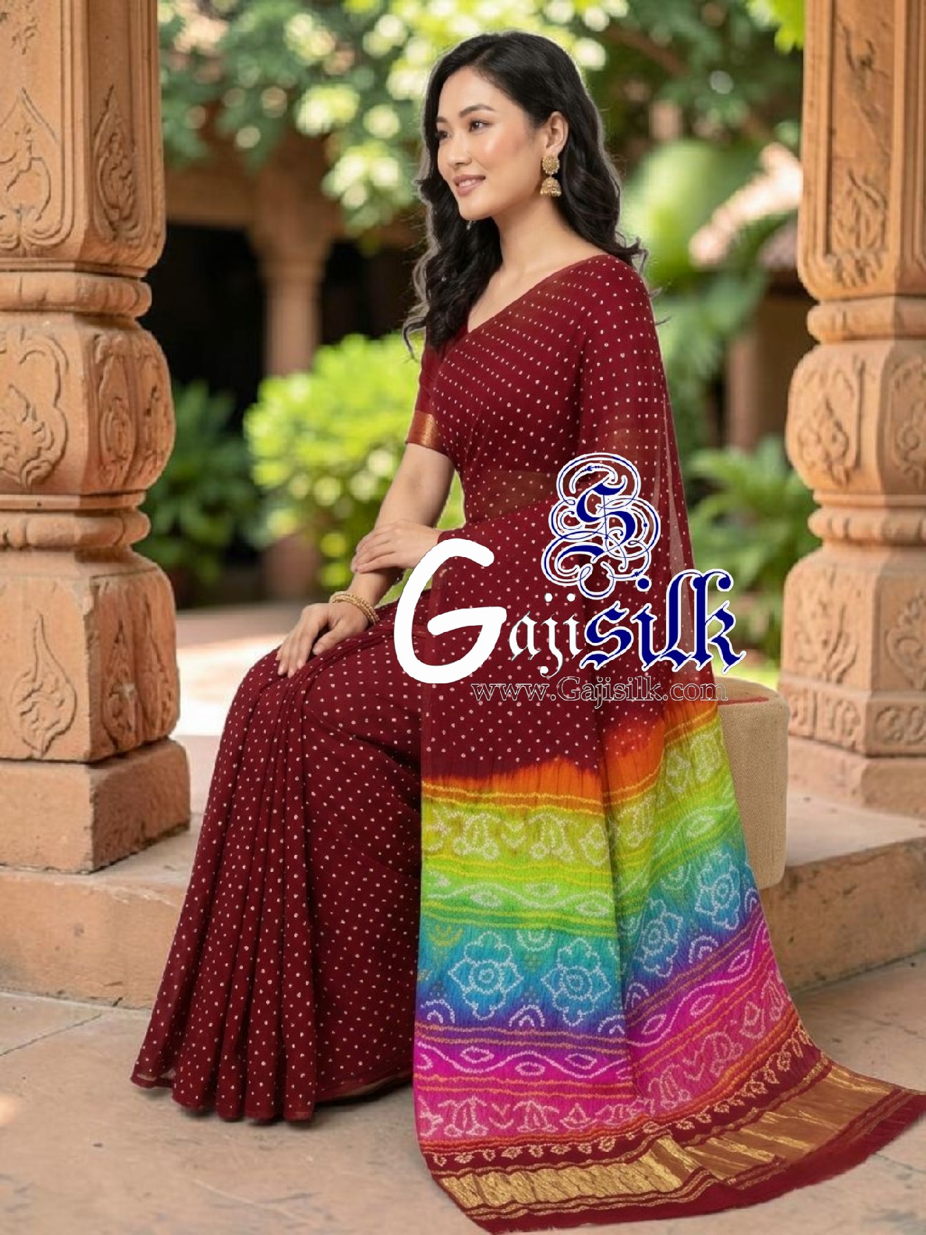 Marron Multicolor Pallu Rai Bandhani Pure Gaji Silk Saree