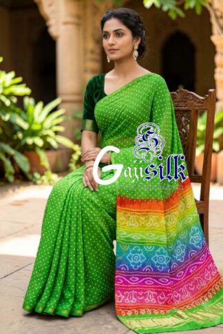 Parrot Multicolor Pallu Rai Bandhani Pure Gaji Silk Saree