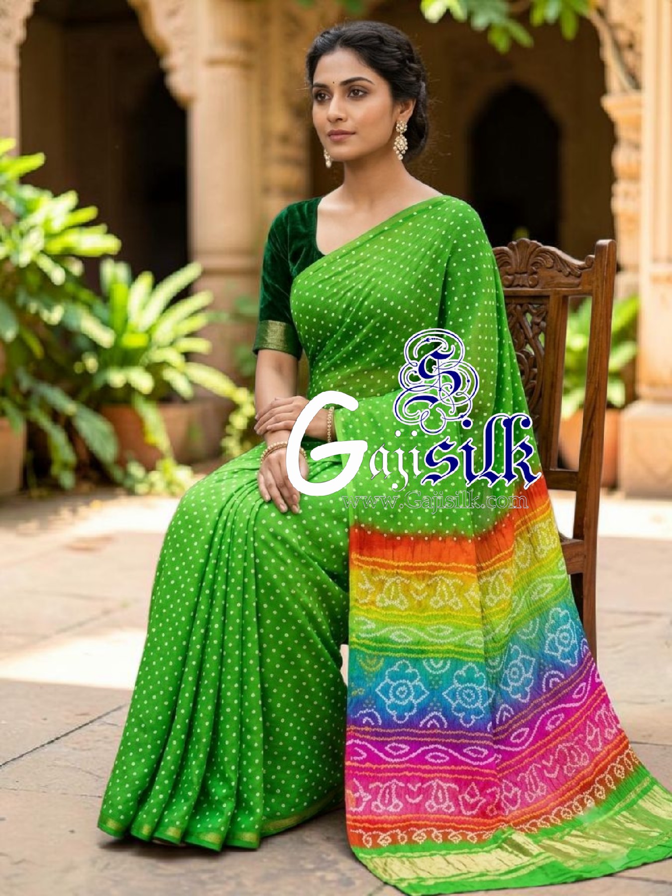 Parrot Multicolor Pallu Rai Bandhani Pure Gaji Silk Saree