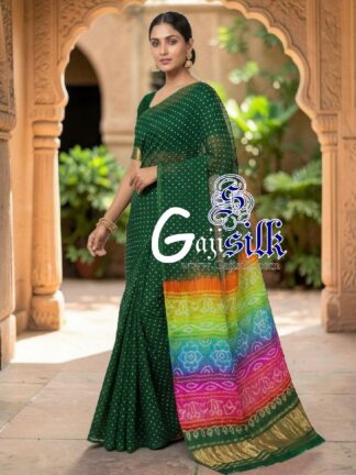 Green Multicolor Pallu Rai Bandhani Pure Gaji Silk Saree