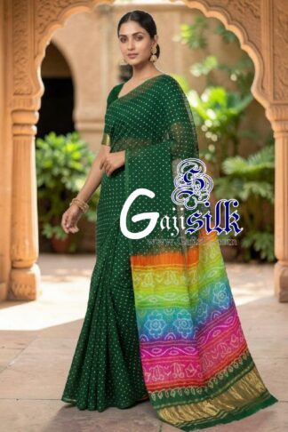 Green Multicolor Pallu Rai Bandhani Pure Gaji Silk Saree