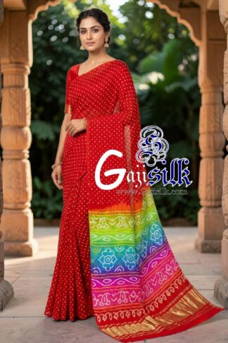 Red Multicolor Pallu Rai Bandhani Pure Gaji Silk Saree