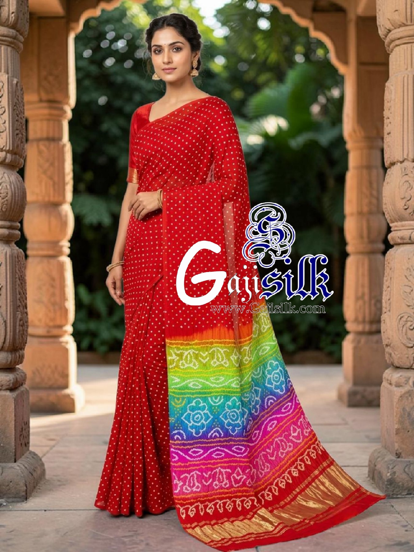 Red Multicolor Pallu Rai Bandhani Pure Gaji Silk Saree