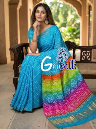 Sky Multicolor Pallu Rai Bandhani Pure Gaji Silk Saree