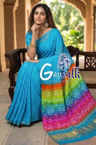 Sky Multicolor Pallu Rai Bandhani Pure Gaji Silk Saree