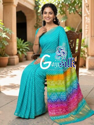 Aqua Multicolor Pallu Rai Bandhani Pure Gaji Silk Saree