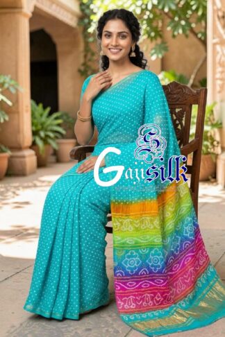 Aqua Multicolor Pallu Rai Bandhani Pure Gaji Silk Saree