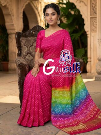 Hot Pink Multicolor Pallu Rai Bandhani Pure Gaji Silk Saree