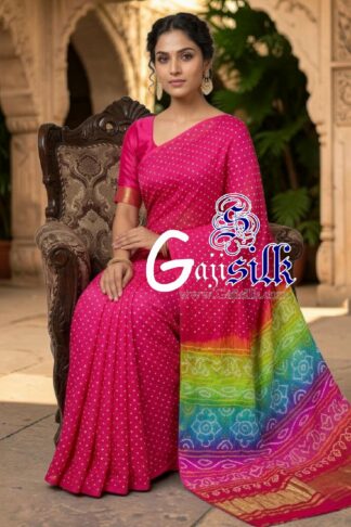 Hot Pink Multicolor Pallu Rai Bandhani Pure Gaji Silk Saree