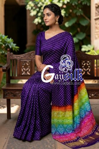 Purple Multicolor Pallu Rai Bandhani Pure Gaji Silk Saree