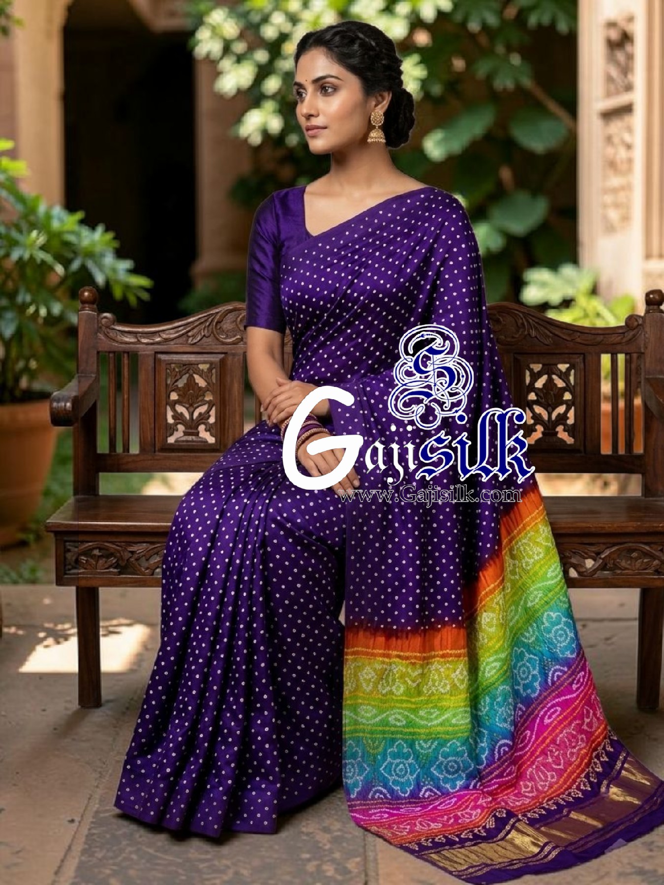 Purple Multicolor Pallu Rai Bandhani Pure Gaji Silk Saree