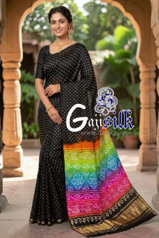 Black Multicolor Pallu Rai Bandhani Pure Gaji Silk Saree