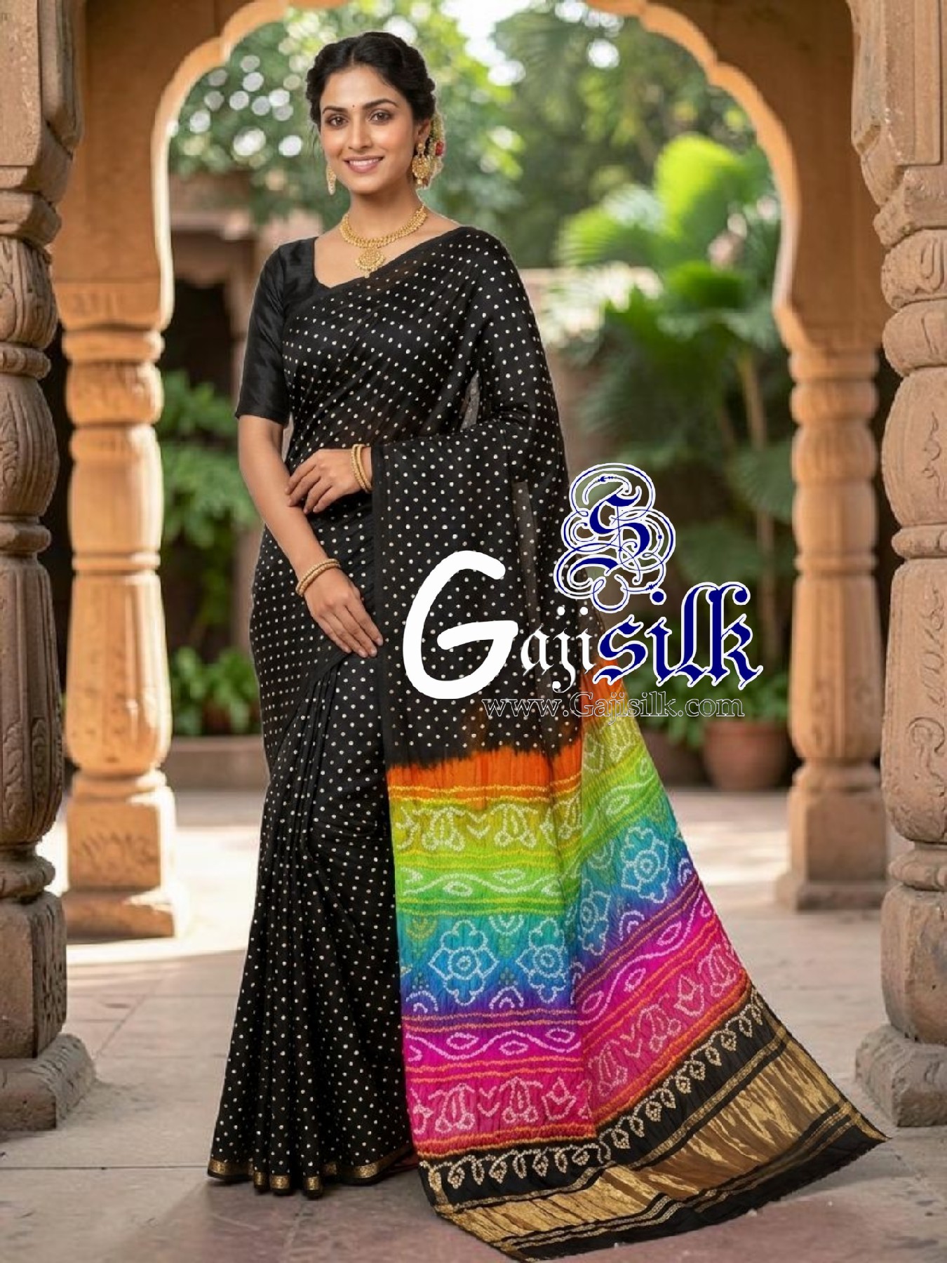 Black Multicolor Pallu Rai Bandhani Pure Gaji Silk Saree
