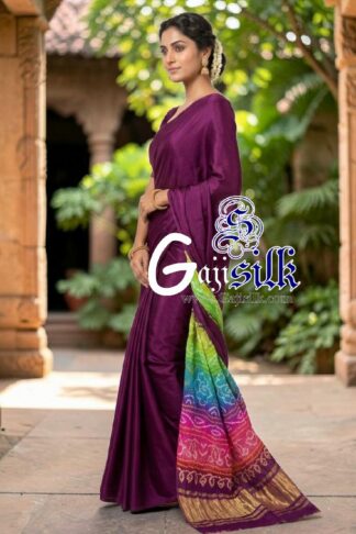 Dark Magenta Multicolor Pallu Bandhani Plain Pure Gaji Silk Saree