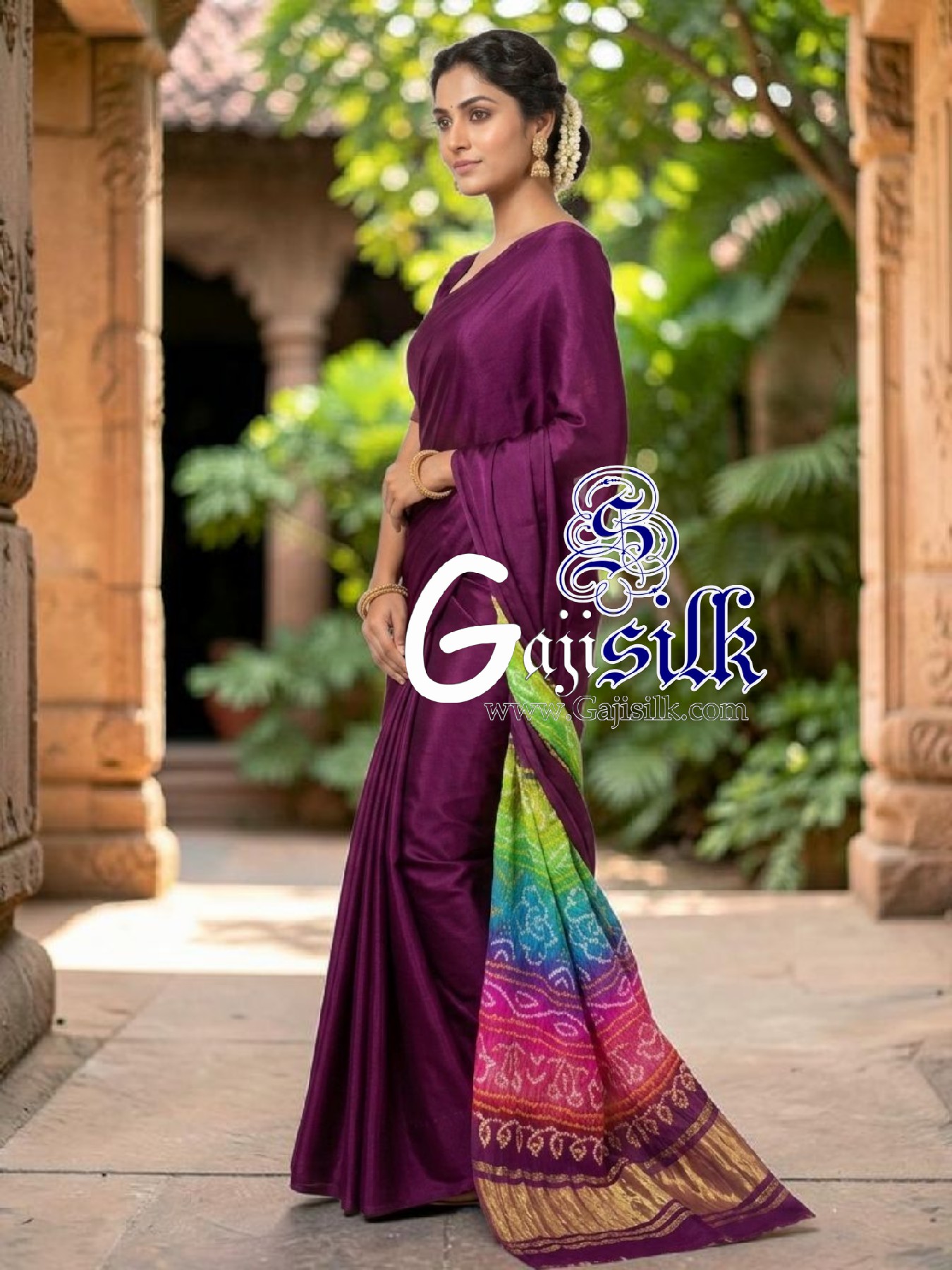 Dark Magenta Multicolor Pallu Bandhani Plain Pure Gaji Silk Saree