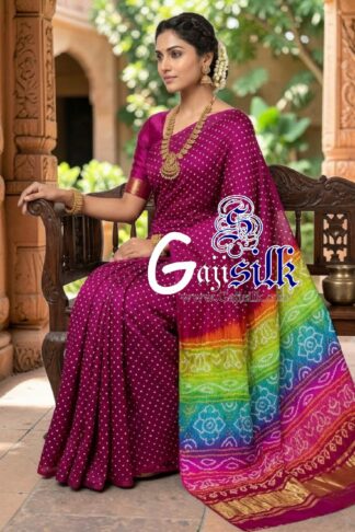 Magenta Multicolor Pallu Rai Bandhani Pure Gaji Silk Saree