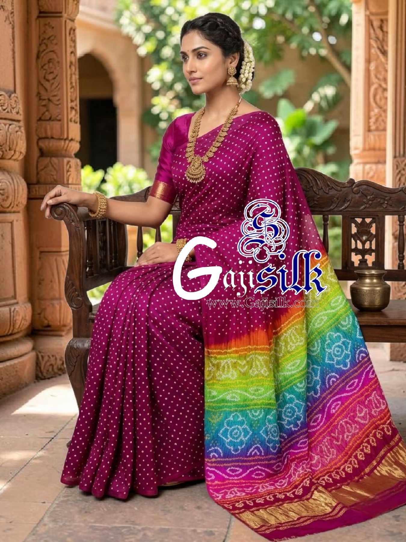 Magenta Multicolor Pallu Rai Bandhani Pure Gaji Silk Saree