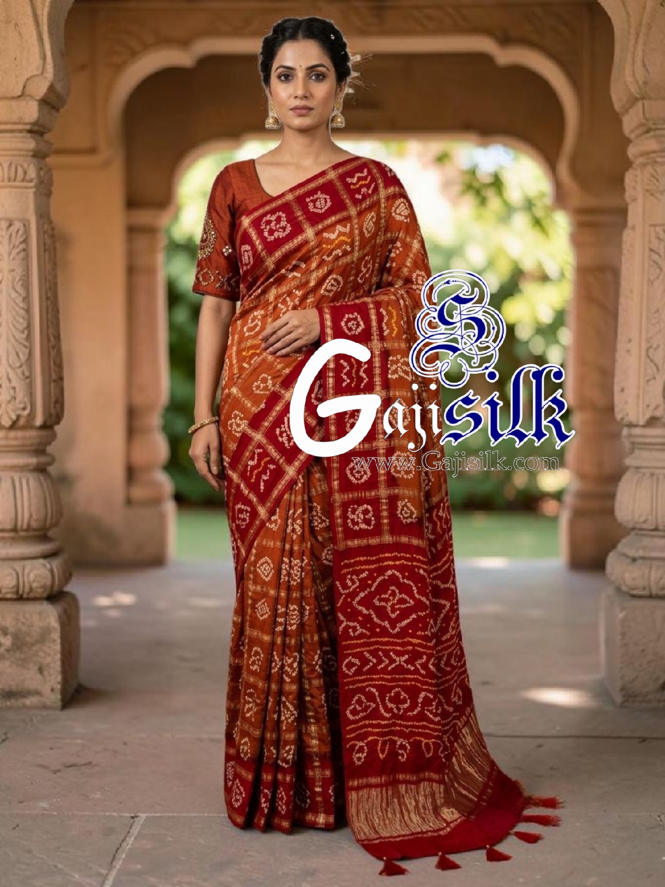 Red Rust Gharchola Bandhani Saree Pure Gaji Silk
