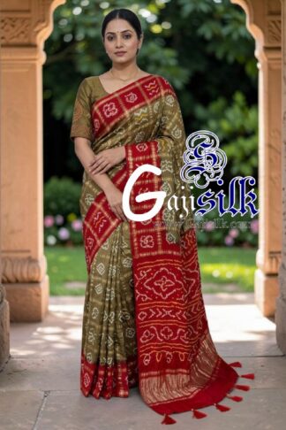 Red Khaki Gharchola Bandhani Saree Pure Gaji Silk