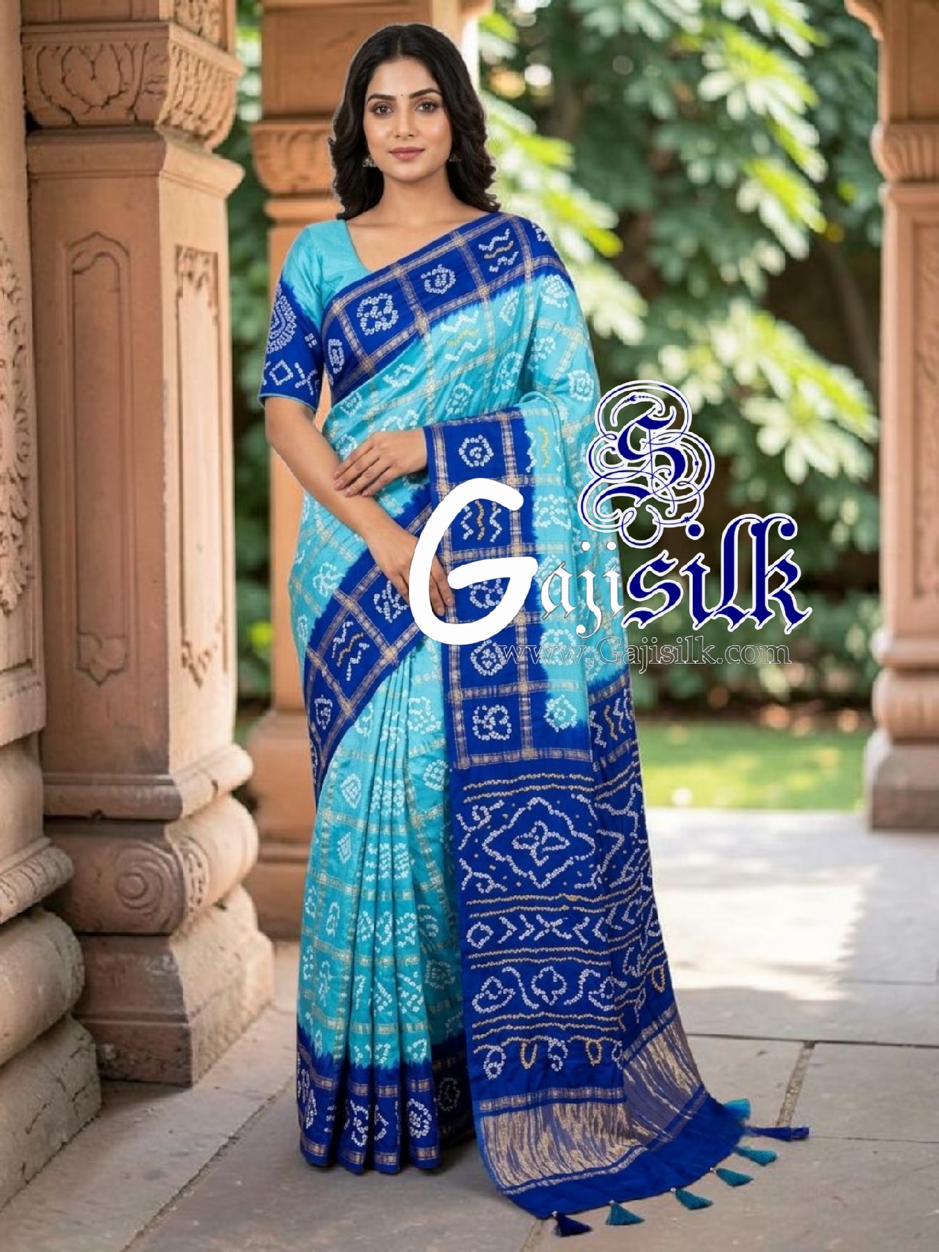 Blue Sky Gharchola Bandhani Saree Pure Gaji Silk