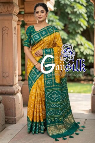 Rama Mustard Gharchola Bandhani Saree Pure Gaji Silk